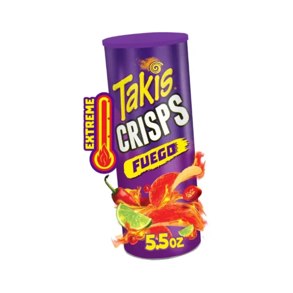 Takis Crisps Fuego 155.92g pack emphasizing intense chili and lime flavor.