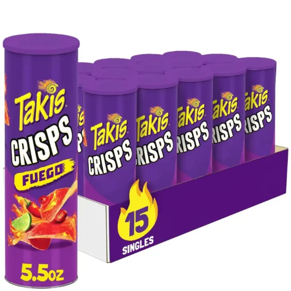 Takis Crisps Fuego 155.92g pack featuring intense hot chili pepper and lime flavor.