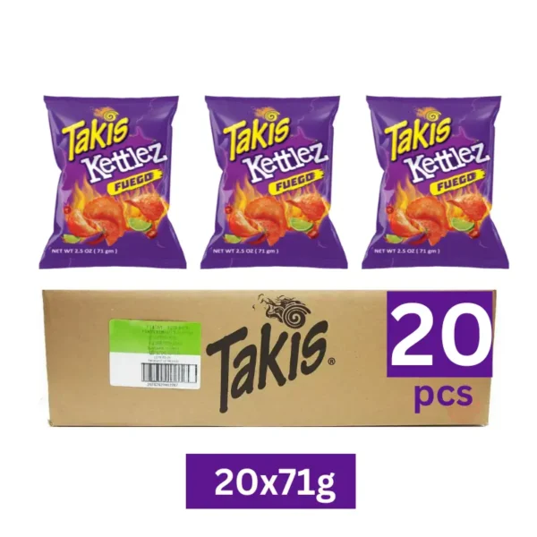 Takis Kettlez Fuego 71g chips showing bold chili and lime flavor explosion with an Wholesale Foodstuff trading Dubai all Takis Flavors Available