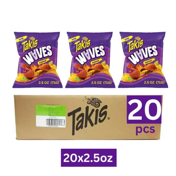 Takis Waves Fuego 71g 20pcs wholesale carton with chili pepper flavor in Dubai.