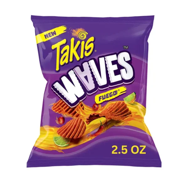 Takis Waves Fuego 71g 20pcs bulk pack of chili pepper chips for wholesale in Dubai.