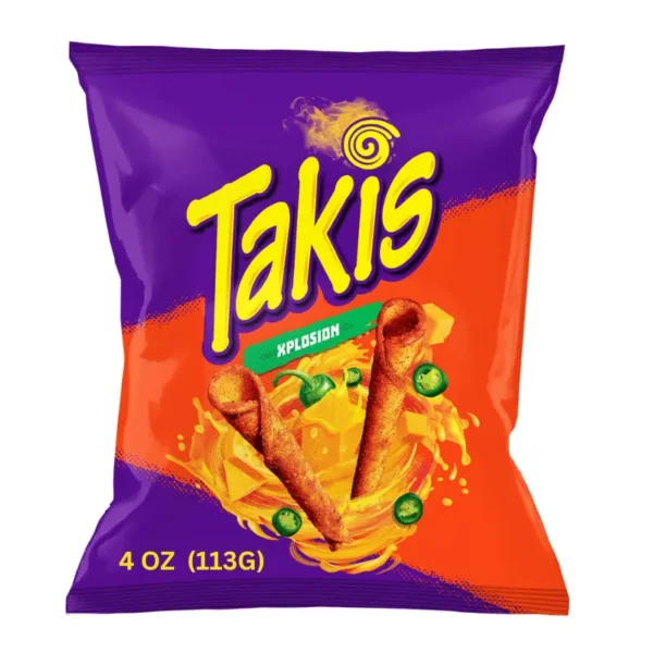 Takis Xplosion 113g 20pcs wholesale pack with cheesy chili punch for Dubai market.