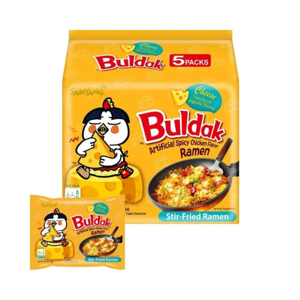 Samyang Buldak Cheese Ramen (140g x 40pcs) "Ajmalnoor Wholesale Samyang Buldak Cheese Hot Chicken Ramen 140g x 40pcs, 8 packs per carton, wholesale bulk order in Dubai.